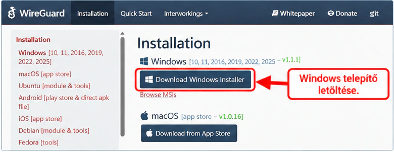 A WireGuard hivatalos telepítési oldalán kijelölt Windows telepítő letöltése