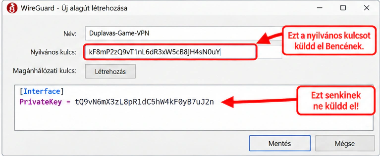 A Duplavas-Game-VPN tunnel létrehozásakor kiemelt nyilvános kulcs mező